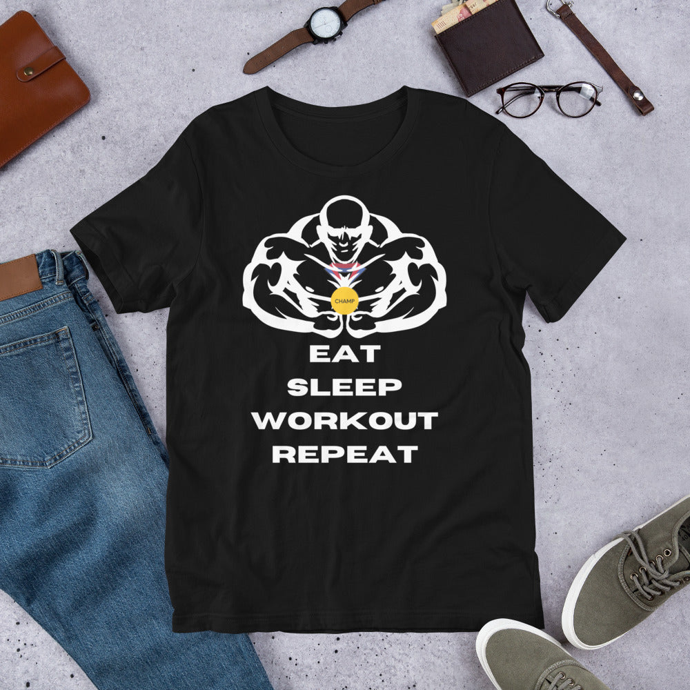 Eat, Sleep, Workout, Repeat Muscle Man Champ Unisex Shirt, Weightlifter Gift, Weightlifting Gifts, Weightlifting Addict, Weightlifter Shirt